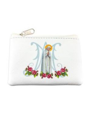 Photo of OL OF FATIMA WHITE LEATHERETTE ZIPPER ROSARY CASE 910W